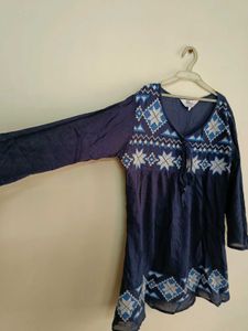 Embroidered Blue Cotton Kurta Top