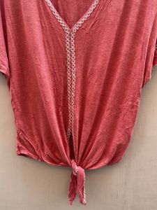 Women's Pink Lace Trim Tie-Front Top