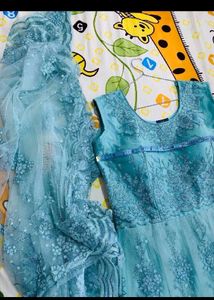 Aqua Floral Embroidered Tulle Gown