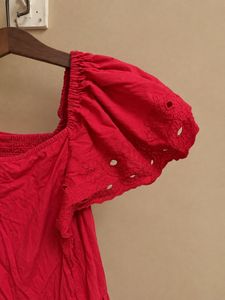 Red Square Neck Puff Sleeve Dress