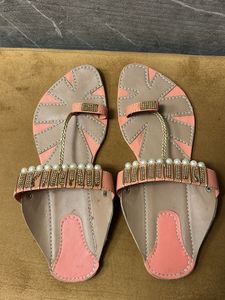 Embellished Coral & Tan Flat Sandals