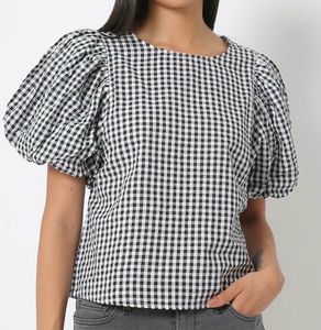 Summer free Gingham Puff Sleeve Top pure cotton