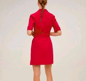 MANGO premium Red V-Neck Belted Dress