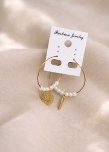 Gold Coin Hoop Earrings with Pearls