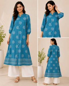 Teal Printed A-line Kurta