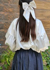 Elegant White Button-Down shirt with denim skirt