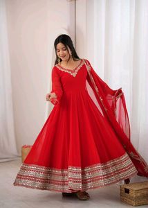 Stunning Red Anarkali Kurta Set