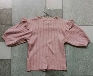 Cute Pink Ribbed Puff Sleeve Top