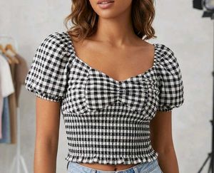 Gingham Puff Sleeve Smocked Crop Top