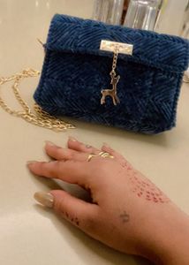 Chic Blue Velvet Crossbody Bag with Deer handmade