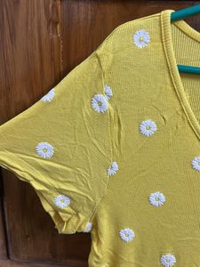 Yellow Daisy Embroidered V-Neck Top