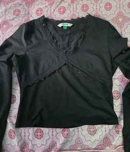Black Lace Trim V-Neck Top