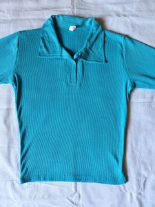 Ribbed Collared Long Sleeve Top