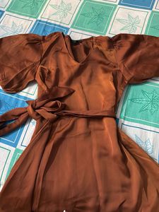 Brown Puff Sleeve Tie Waist Dress