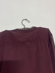 Burgundy Sheer Button-Down Top