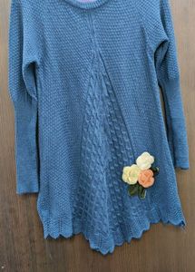 Blue Cable Knit Sweater with Floral Applique