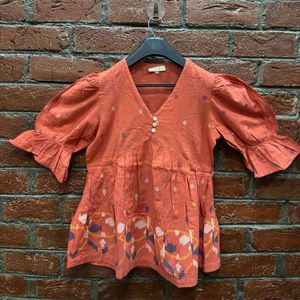Boho Print V-Neck Top with Puff Sleeves