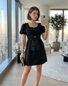 korean Black Short Sleeve Dress with Bow