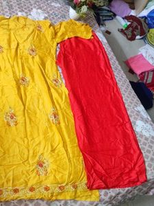 Embroidered Yellow Kurta with Red Salwar