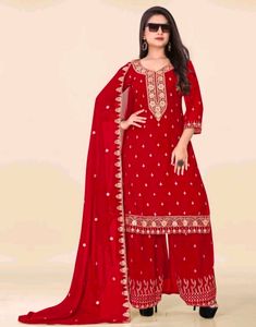 ♥️Elegant Red Embroidered Kurta Set with Dupatta