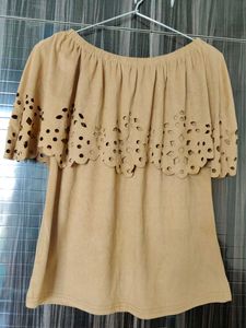 Tan Off-Shoulder Perforated Top