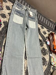 Trendy Tweed Pocket Wide-Leg Jeans
