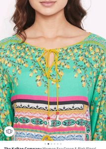 Women Sea Green And Pink Floral Printed Kaftan