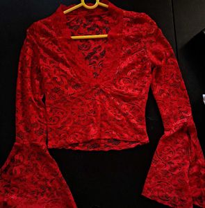 Red Lace Bell Sleeve Top