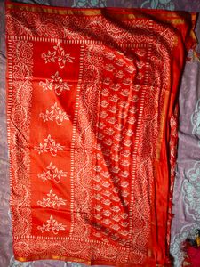 Vibrant Red Block Print Saree