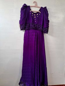 Elegant Purple Brocade Gown with Gold Accents