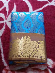 Blue Silk Saree with Gold Border