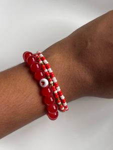 Red Beaded Bracelet Set with Heart Charm