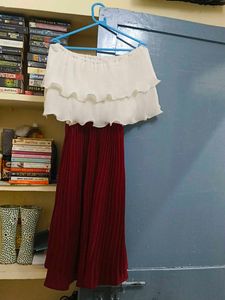 White & Maroon Pleated off shoulder dress