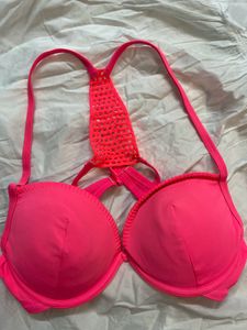 Bright Pink Bikini Top with Crochet Detail