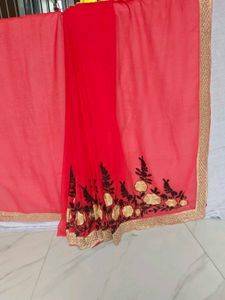 Elegant Red Floral Embroidered Saree