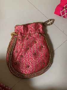Pink &amp; Gold Embroidered Potli Bag