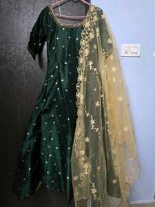 Elegant Green Anarkali Set with Gold Dupatta