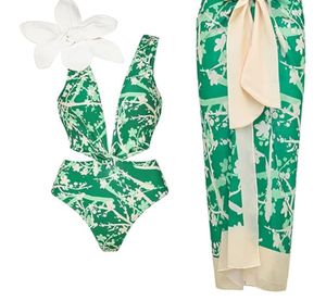 Green Floral One Piece Swimsuit with sarong