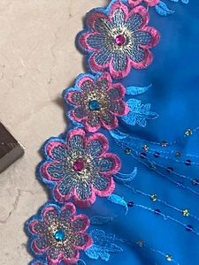 Vibrant Blue Sequined Flower Sari Fabric