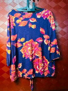 Blue Floral Print Button-Up Top
