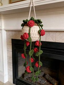 Handmade Crochet Rose Hanging Planter