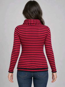 Striped Turtleneck Top with Button Detail