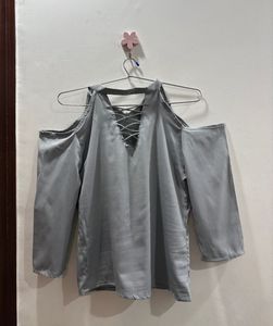 Grey Cold Shoulder Lace-Up Top
