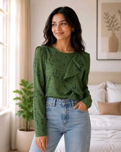 Women's Olive Green Printed Ruffle Top