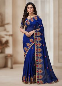 Embroidered Royal Blue Saree
