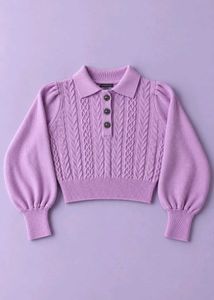 LILAC CABLE KNIT COLLARED SWEATER WITH PUFF SLEEVE