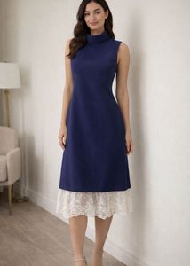 Elegant Navy Blue Turtle Neck Lace Trim Dress