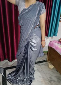 Silver And Grey Colour Ready To Wear Saree