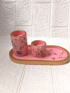 Decorative Pink Trinket Tray and candle holder Set