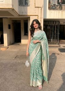 ⭐Elegant Mint Green Saree with Silver Border